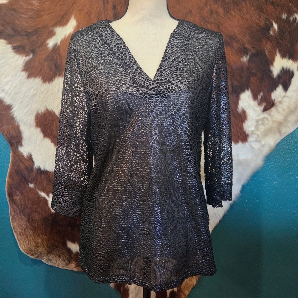 Peck & Peck Metallic Black Lace V-Neck Blouse